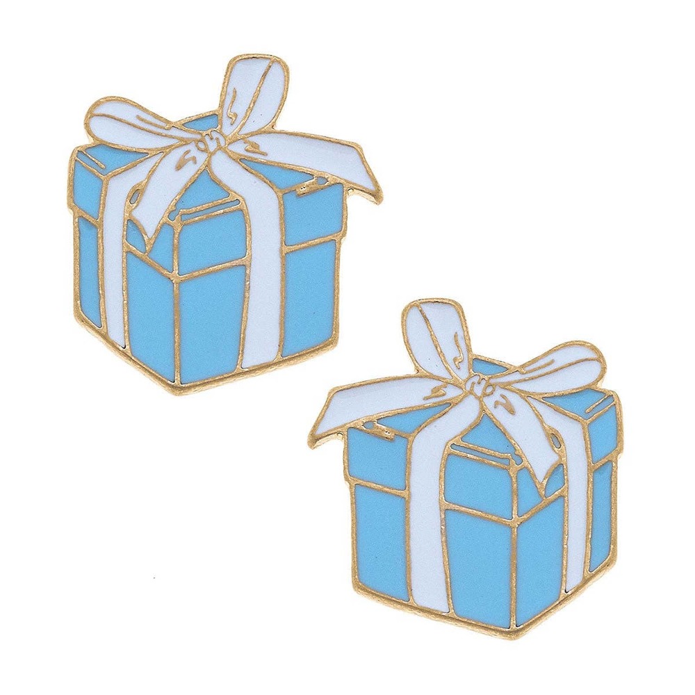 Enamel Present Stud Earrings in Blue & White